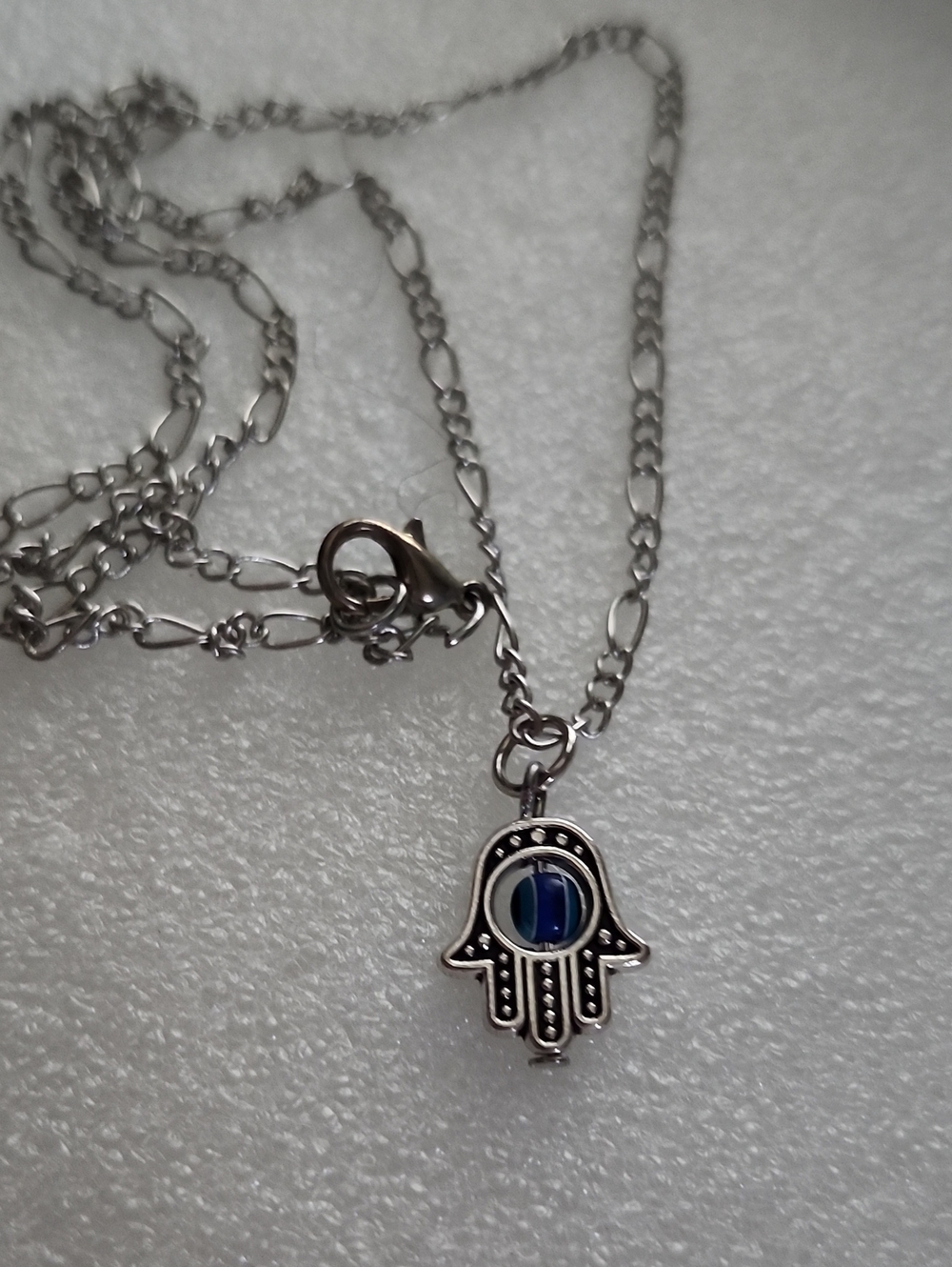 Hand Crafted Silver Hamsa Necklace with Blue Center